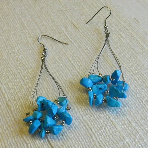 Handmade Blue Turquoise Gemstone Beads Triple Teardrop Loop 70mm Long Earrings - Picture 1 of 1